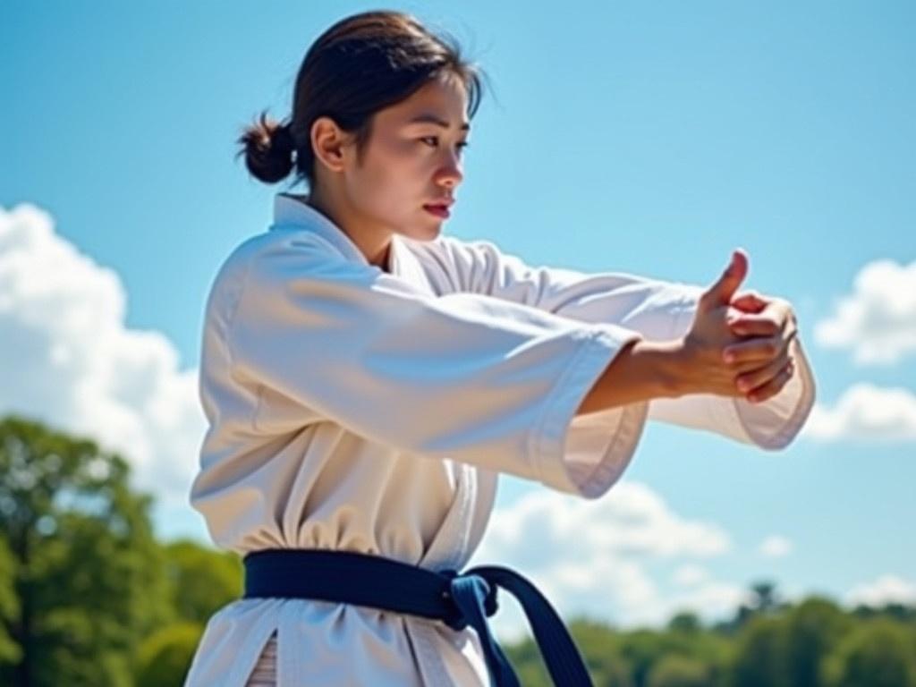 A person is shown practicing martial arts in a dynamic pose. They are wearing a traditional white karate gi, which is a loose-fitting uniform. The individual has a dark blue belt tied around their waist, indicating their level of expertise. The background features a clear blue sky with white clouds and green trees, suggesting an outdoor setting. The sun is shining brightly, highlighting the individual's focused expression as they demonstrate strength and skill.