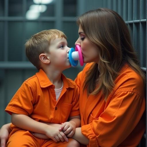 A mother and her son are sitting in a jail cell. Both wear orange jail jumpsuits and oversized pacifiers. The child with a huge blue pacifier sits on his mother's lap. The mother kisses him while playfully explaining prison behavior rules. They are facing a long time behind bars.