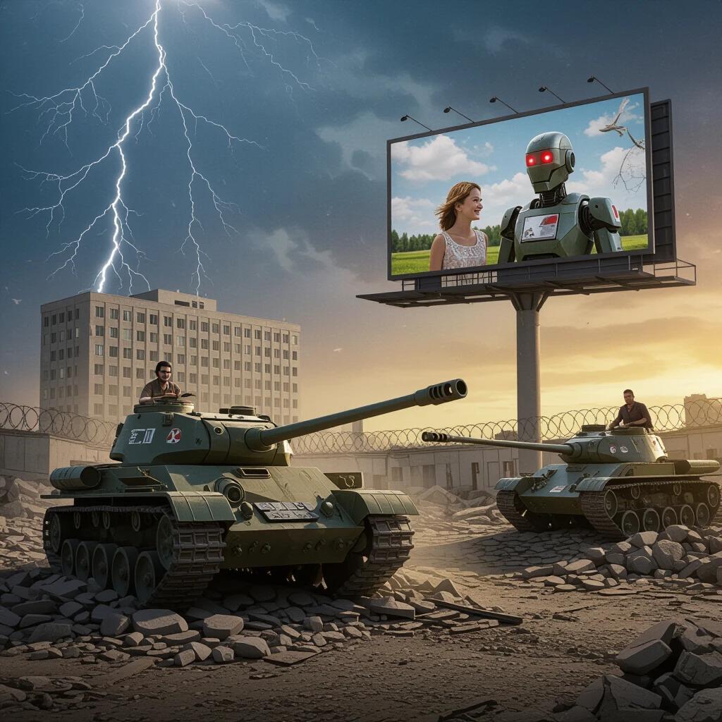Destruction surrounds a war tank lying in rubble. A fragile billboard stands beside it. A family picture is displayed with a military robot appearing lifeless. The robot has red eyes and a bolted metal chest. A large building is in the backdrop, enclosed by barbed wire. The sky is dark, and thunder rumbles in the distance.