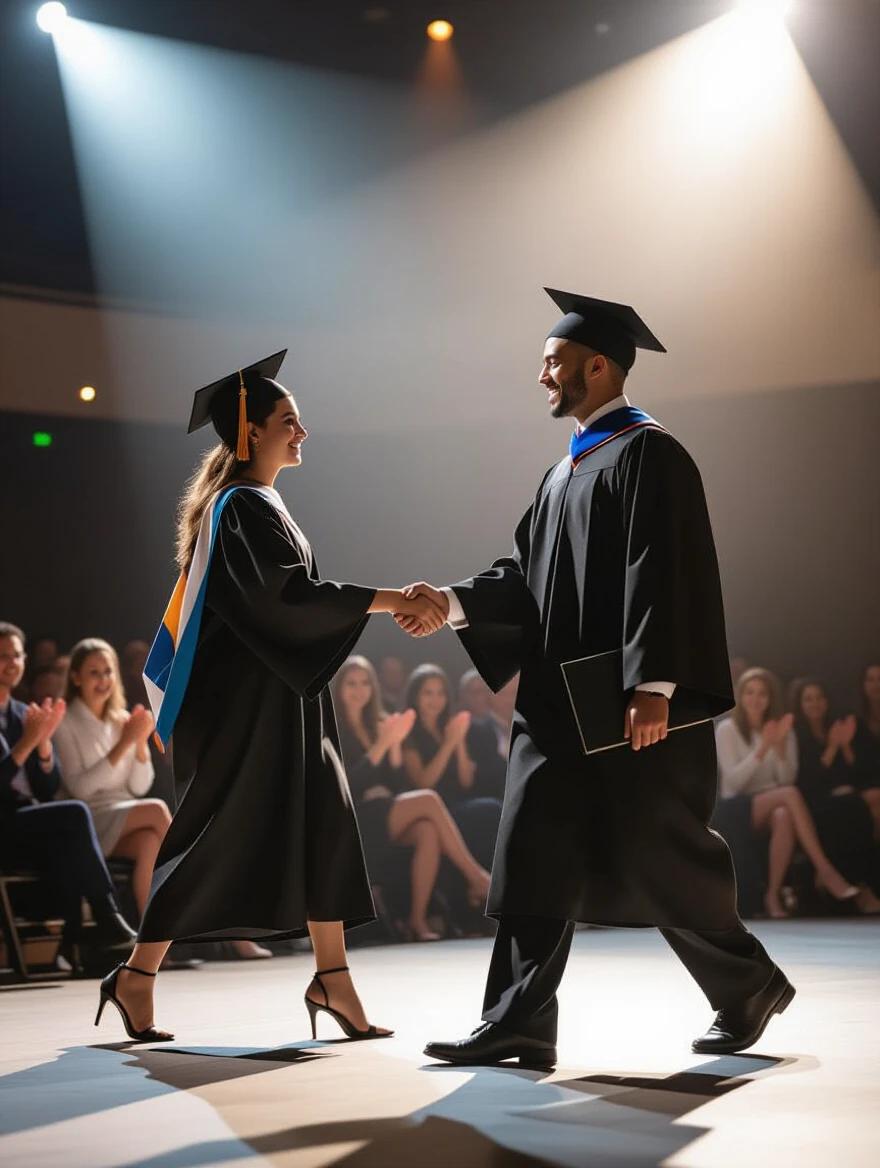 Students in graduation gowns shake hands on stage. Diploma is being received. Audience applauds in background. Graduates smile with pride. Dramatic and uplifting lighting creates a spotlight. Shallow depth of field adds focus to graduates.