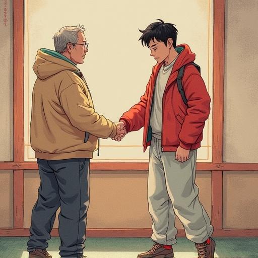 Two individuals holding hands in a warm environment. One is an older man, and the other is a young male. Both are dressed casually. The scene conveys a sense of connection and support between generations.