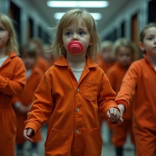 Children wear bright orange jumpsuits in a hallway. Hand in hand they walk. They have oversized pacifiers. Guards are nearby.