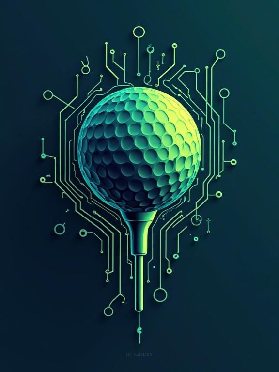 Tech company logo features a golf ball integrated with a modern circuit board. Design incorporates abstract patterns and golf elements in a minimalist style. Color palette uses cool blues and greens. Style is digital and innovative, suitable for tech branding while blending with nature.