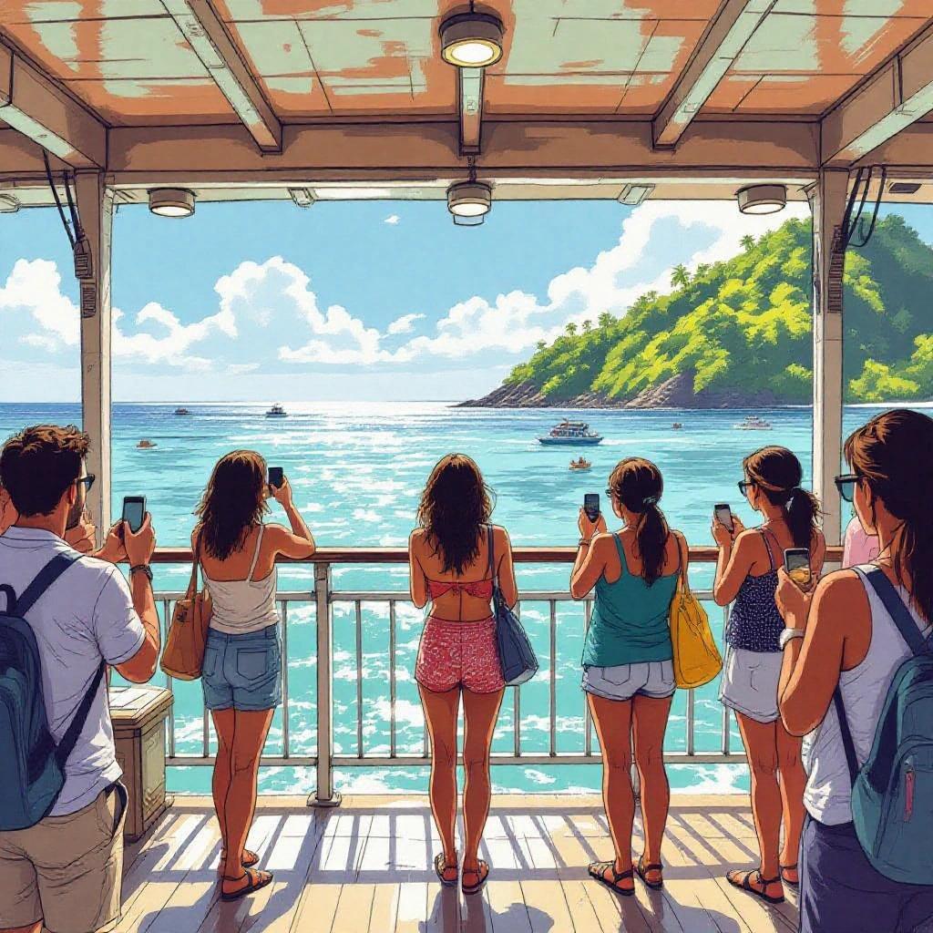 A vibrant scene depicting young women on an observation deck. They are taking photos of the ocean. Lush green island visible on the horizon. Stylish outfits suited for warm weather. Sunlight reflecting off the water. Light and movement captured in a semi-realistic style.