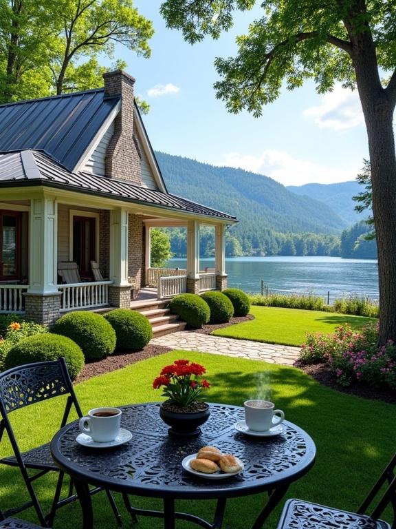 Charming lakeside cottage with well-maintained garden. Single-story structure with steep pitched roof and brick chimney. White exterior walls and black-framed windows. Spacious wraparound porch with chairs. Round black metal table with coffee mugs and sandwiches. Colorful flowers in vase. Neatly trimmed green shrubs and lush lawn.
