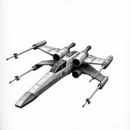 Detailed pencil drawing of an X-Wing fighter from Star Wars in flight. Slightly above perspective. Wings in attack position. Pilot visible in cockpit. Background features technical schematics and annotations. Realistic shading contrasts with lighter lines of the background.