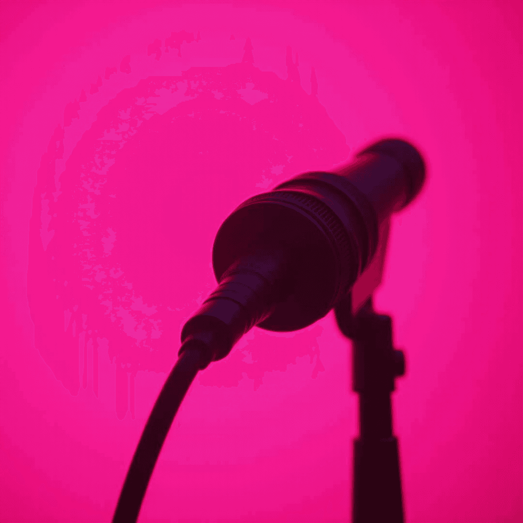 A microphone silhouetted against a vibrant pink background.