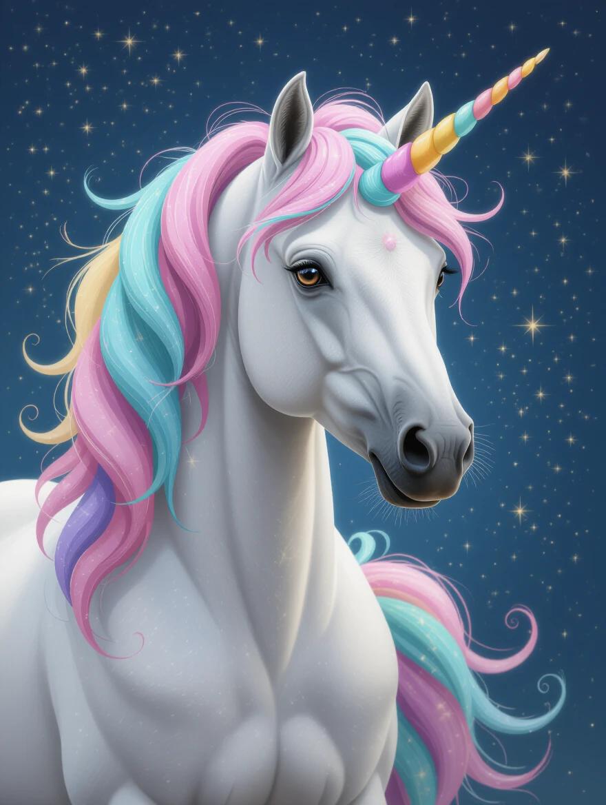 Realistic depiction of a colorful unicorn with a starry background. Unicorn features a flowing mane with pastel colors. Horn is vividly decorated. Focus on unicorn's face and its expression.