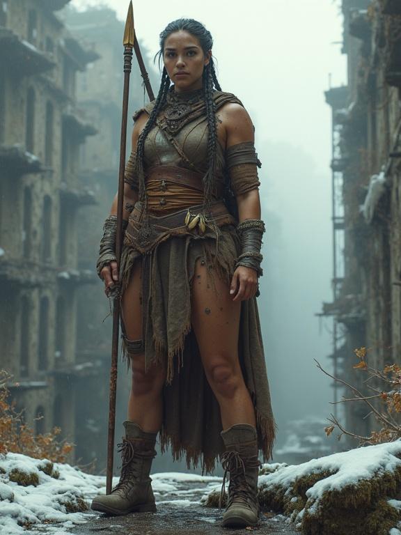 Photorealistic full-body portrait of a tall huntress from a neo-bronze age civilization. She stands in winter ruins of an ancient city. Body shows athletic build and exposure signs. Facial features are angular with pale grey-blue eyes. Hair is braided with bone beads and cloth. She wears layered clothing made from natural materials. A spear rests on her back with engravings. Scene captures overgrown ruins with light snowfall and morning mist. Realistic photography style with soft lighting and texture.
