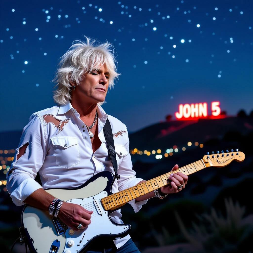 Guitarist holds a white and black Fender Telecaster. He has platinum blond hair and wears a white shirt with torn sleeves. City skyline is visible on the hill. There is a starry sky in the background. Neon sign reads JOHN 5.