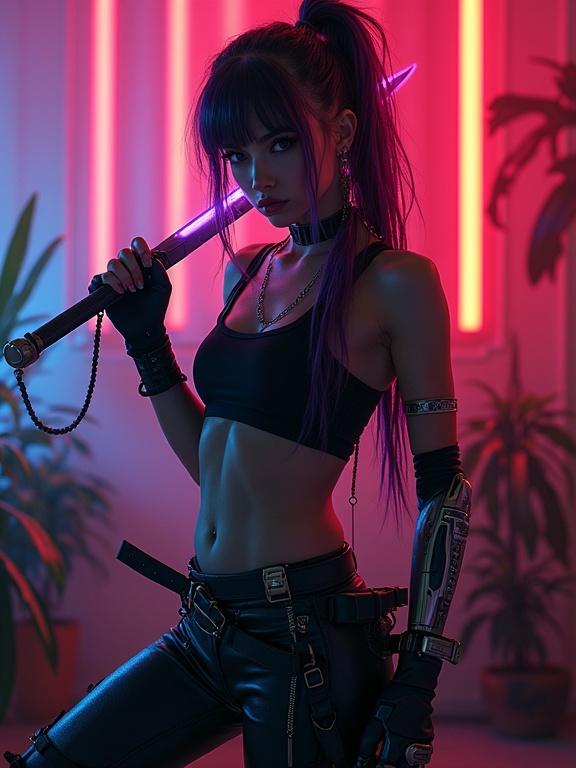 Full body portrait of a girl with a purple glowing sword. Cyberpunk atmosphere with neon lights. Dark fitting clothes including tank top and leggings. Two-tone colorful hair with small braids. Robotic arm with muscle implants. Smoky environment. Charismatic and dominant presence with a rebellious attitude.