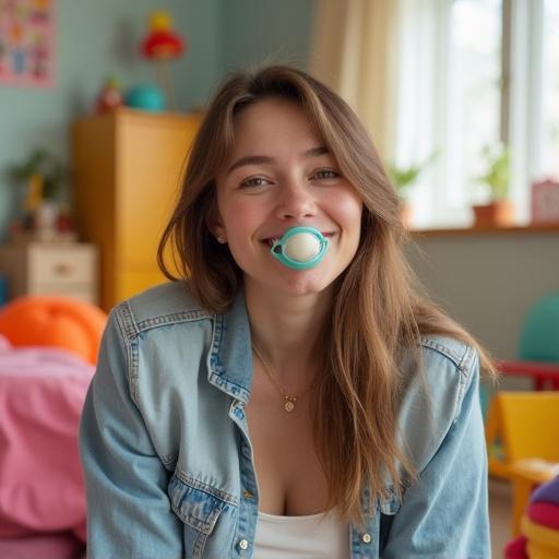 An adult woman is sitting in a vibrant and colorful room. She has a pacifier in her mouth. The room features bright furniture and toys, creating a playful atmosphere. Natural light illuminates the scene, highlighting the cheerful decor.