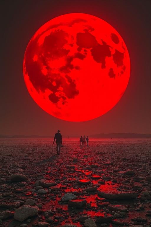 Red moon dominates the sky. Desert floor covered with broken glass. Tiny silhouettes of people walking across the land. Wide, expansive view emphasizes isolation.