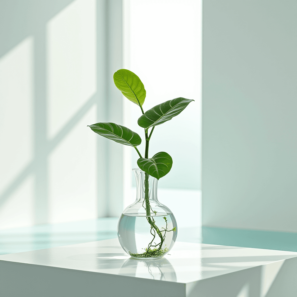 A single green plant with broad leaves sits in a transparent glass vase, filled with water, on a white surface in a sunlit room, casting gentle shadows.