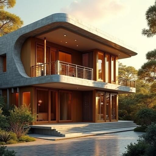 Imagined as hybrid of traditional Japanese design and art deco opulence. Resplendent house with ultrarealistic appearance. Exterior radiates elegance under warm glow. Intricate details with volumetric lighting and ray tracing. Meticulously crafted architectural features. Immersive visual experience with inviting close examination. Stunning blend of styles elevating both to new heights. Nostalgia for craftsmanship with innovation for future. Interplay of light and shadow creates atmosphere.