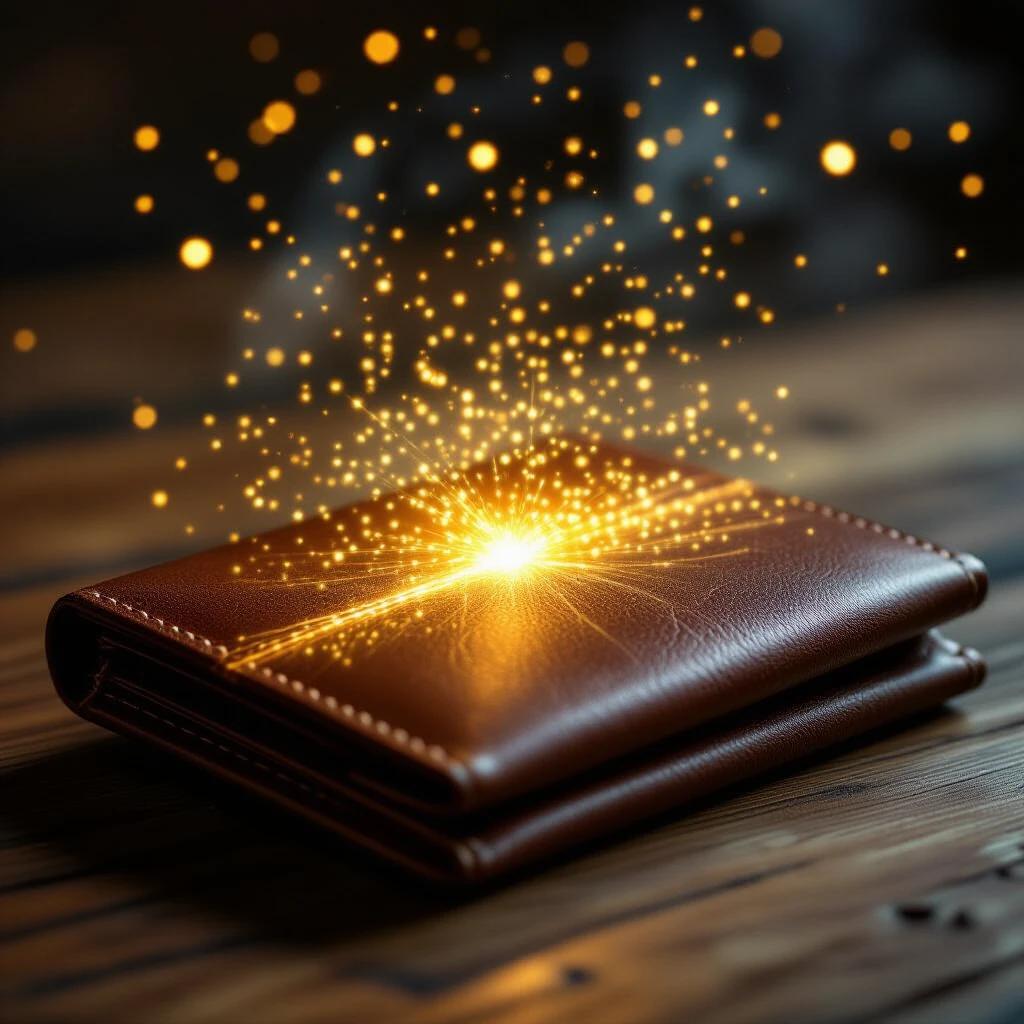 A leather wallet closes while magical golden light sparkles from inside. Glowing particles float around it creating a mystical atmosphere. Cinematic vertical shot.