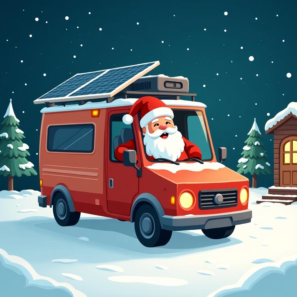 Santa is in a red Multicare Mobility van. The van has solar panels. Snow covers the ground. The sky is starry. Cartoon style illustration for the festive season.