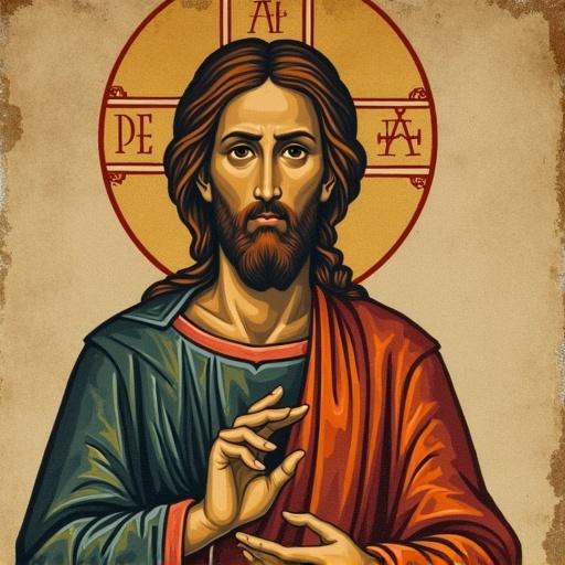 Vintage artwork resembling ancient classical art influenced by religious iconography. Earthy tones and flat colors with strong outlines indicate historical traditions. Stylized figure emphasizes facial features and symbolic gestures to convey spirituality. Blend of ancient aesthetics and contemporary interpretation.