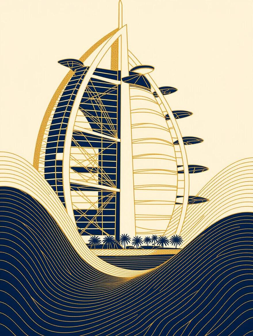 Poster design features Palm Jumeirah shape as symbolic icon. Continuous one-line drawing technique is applied. Subtle muted gold touches adorn a white background. Style is Minimalist-Abstract.