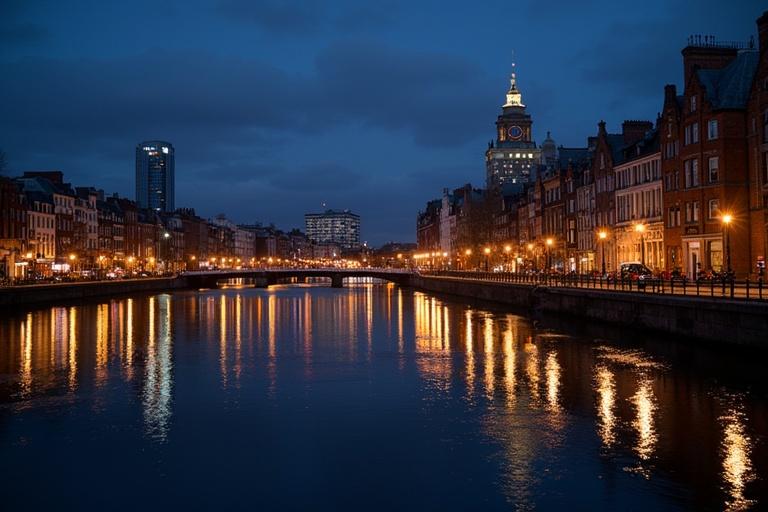 Nighttime view of Dublin city with illuminated buildings along the River Liffey. Soft reflections of streetlights in the water. Twilight sky with atmospheric clouds. Busy riverside walk. Captivating urban landscape.