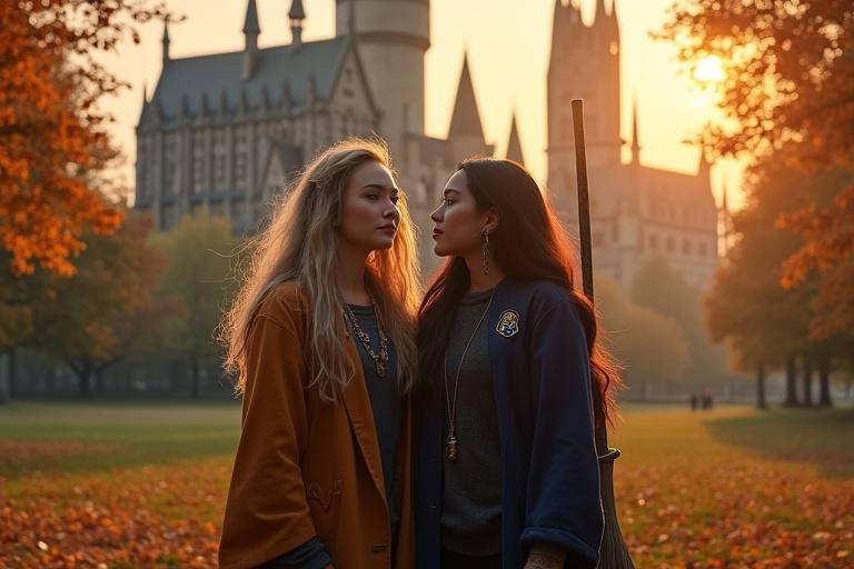 Two female characters stand on Hogwarts grounds during autumn. Castle towers rise in the background. One character has radish earrings and a butterbeer cork necklace. Her gaze is dreamy. The other holds a broomstick wearing Quidditch robes. Warm golden light highlights the scene with swirling autumn leaves.