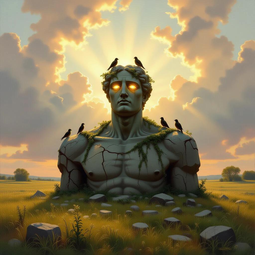A stone colossus half-buried in a meadow with vines climbing its arms. Birds rest on its shoulders. Glowing eyes signify life. Sun rays pierce through thick clouds overhead. Romantic style oil painting features rich textures and golden melancholy tones. Inspired by 19th-century Romanticism and themes of abandoned grandeur.