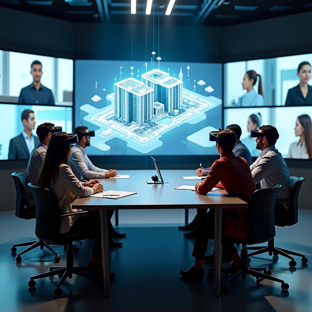 Futuristic hybrid workspace with physical and virtual collaboration. People sitting at a table with remote participants on screens. Hologram of a building floating above the table. Some participants wearing head-mounted displays.