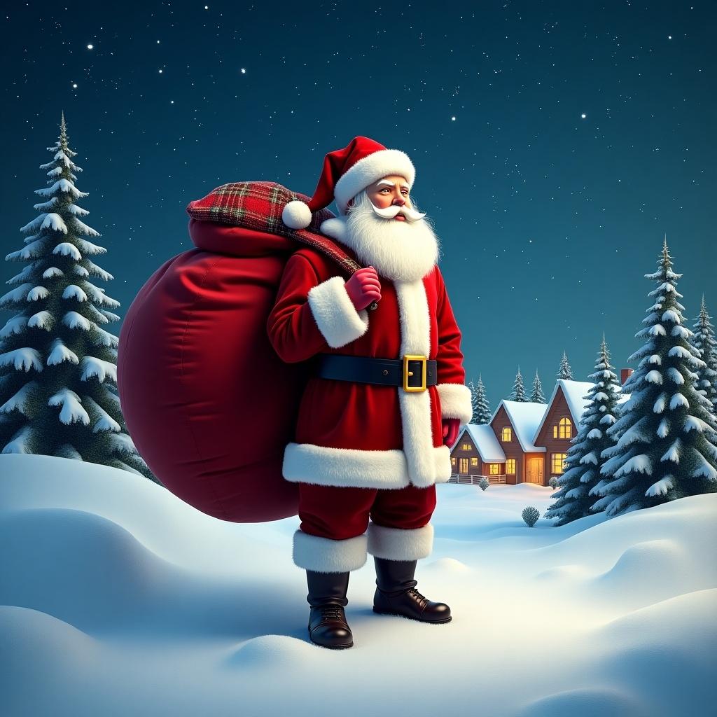 Realistic Santa Claus stands in a snowy landscape with a large red sack over his shoulder. Traditional red and white outfit, belt, and boots. Starry night sky and snowy village background.