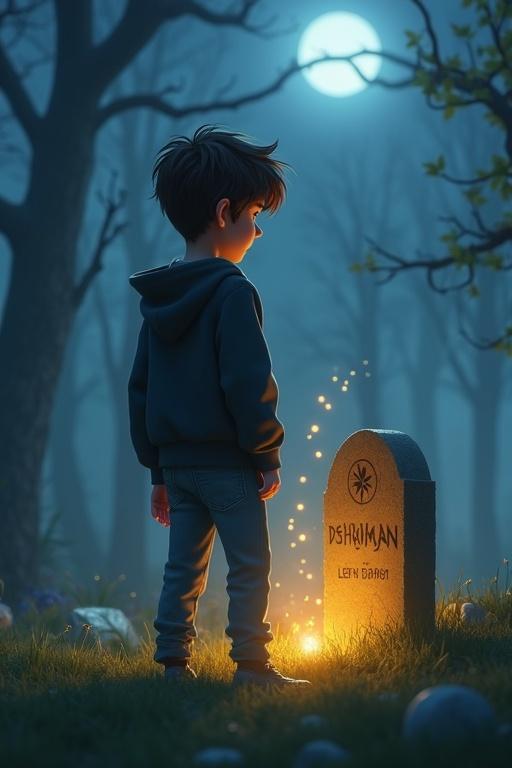 A highly stylized Pixar-style 3D animated scene. A 17-year-old boy named Léo stands in a foggy moonlit cemetery. He wears a dark hoodie and jeans. His face shows disbelief. A gravestone reads his mother's name. Ethereal golden light arises from the grave. Behind him, twisted trees and a night sky swirl with mist. His mother's voice echoes, asking to protect him. A ghostly silhouette appears briefly. The scene features dramatic lighting and detailed composition.