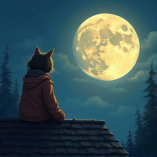 A cat with girl sit on the roof and looks at the moon. The scene features a full moon and a night sky. The girl is wearing a hoodie and has cat ears. The atmosphere is whimsical and dreamy.