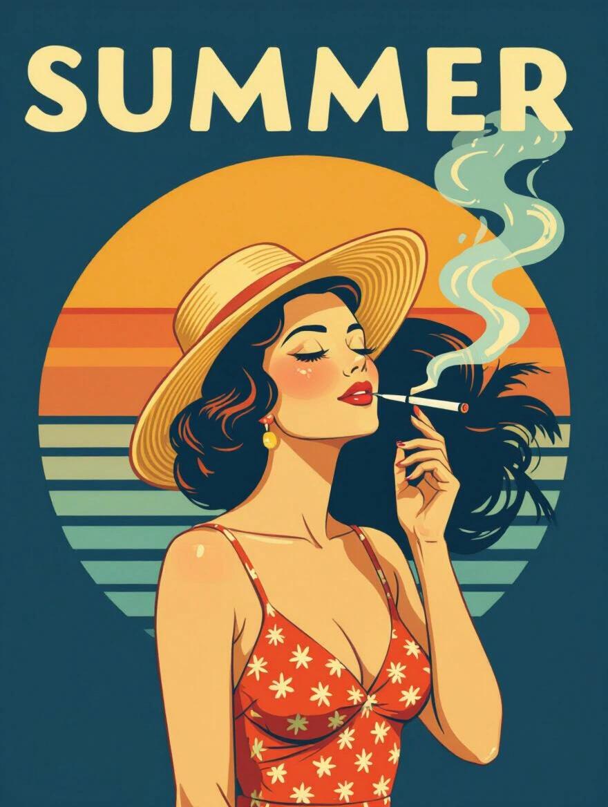 Artistic illustration of a woman enjoying summer. She wears a hat and a floral swimsuit. A cigarette is in hand. Vibrant background with stripes and warm colors. Captures retro summer vibes. Summer themed.
