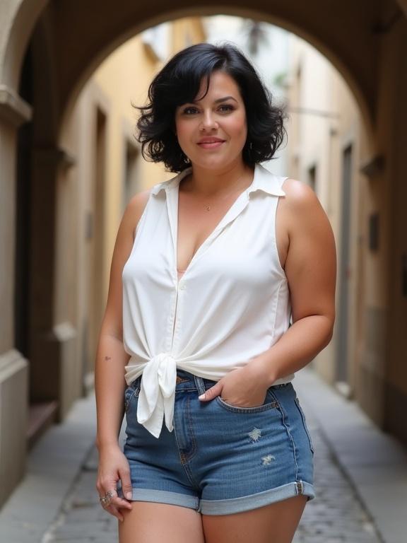Image of a mature woman in casual attire. She wears a white sleeveless blouse and denim short shorts. The setting features a narrow cobblestone street with a stone archway. She is looking directly at the camera.