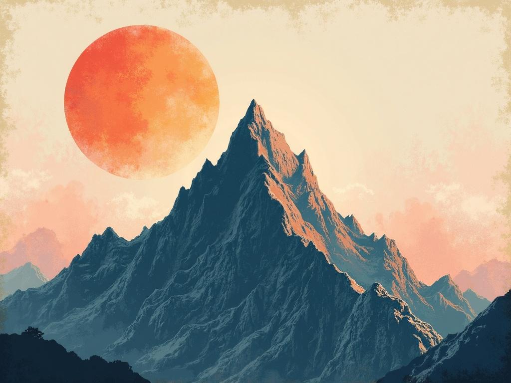 A vivid illustration of a mountain in sgraffito style. The mountain is depicted with sharp peaks. The sun is large and orange in the background. A dreamy color palette of blues and warm contrasts is used. Capture the beauty of nature in this serene landscape.