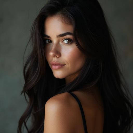 Photorealistic image showcases a woman with dark, long hair. The subject looks directly at the camera, featuring a close-up view of her shoulder and hair. Soft natural lighting enhances the beauty.
