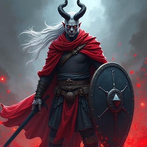A dramatic portrait of a tall male tiefling. He has ash-gray skin and amber eyes. Long silver hair in a high ponytail. Sleek black horns. Wears chainmail shirt and red cloak. Holding a black longsword and shield. Bold colors and thick outlines. Intense lighting. Dynamic background with blood splashes. Inspired by video games and graphic novels.