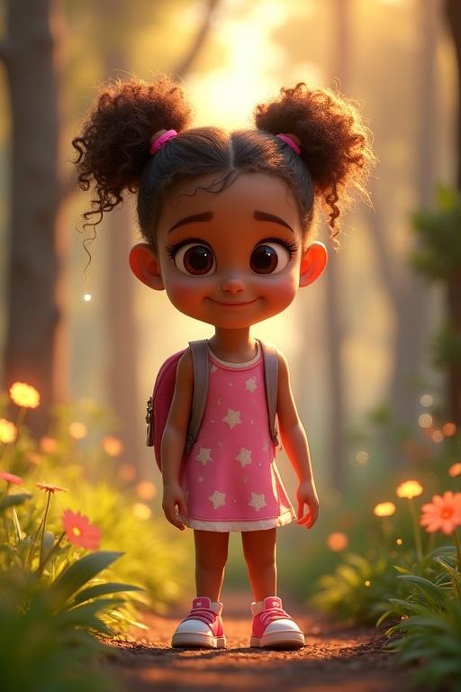 3D-rendered character design of an 8-year-old girl. Curly brown pigtails, big hazel eyes, light brown skin, and a bright smile. Colorful dress with stars, small backpack, pink sneakers. Magical forest background with glowing flowers and fireflies, soft sunset lighting, Pixar animation style.