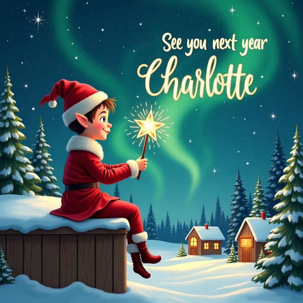 An elf sits on a wooden ledge with its back to the camera. Dressed in red outfit and pointed hat. The elf holds a sparkling wand. The elf writes 'See you next year Charlotte' in the starry sky. The scene includes snowy landscape, charming little houses, and evergreen trees under shimmering Northern Lights. Whimsical depiction captures childhood magic.