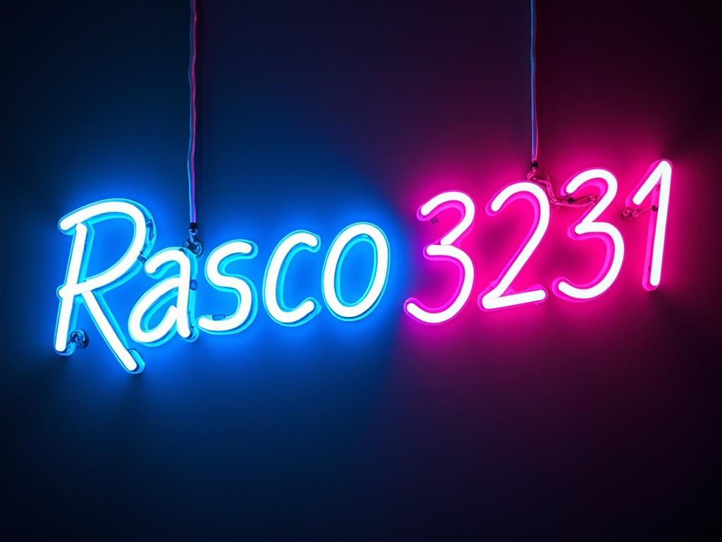 Create a neon sign that reads 'Rasco 3231'. The sign should feature the text in a lively and bright style. Use a combination of neon blue for 'Rasco' and neon pink for '3231'. The overall design should be eye-catching and suitable for both indoor and outdoor environments. Ensure the letters are illuminated to stand out against a dark background. This sign should evoke a sense of modernity and creativity, making it perfect for various settings.