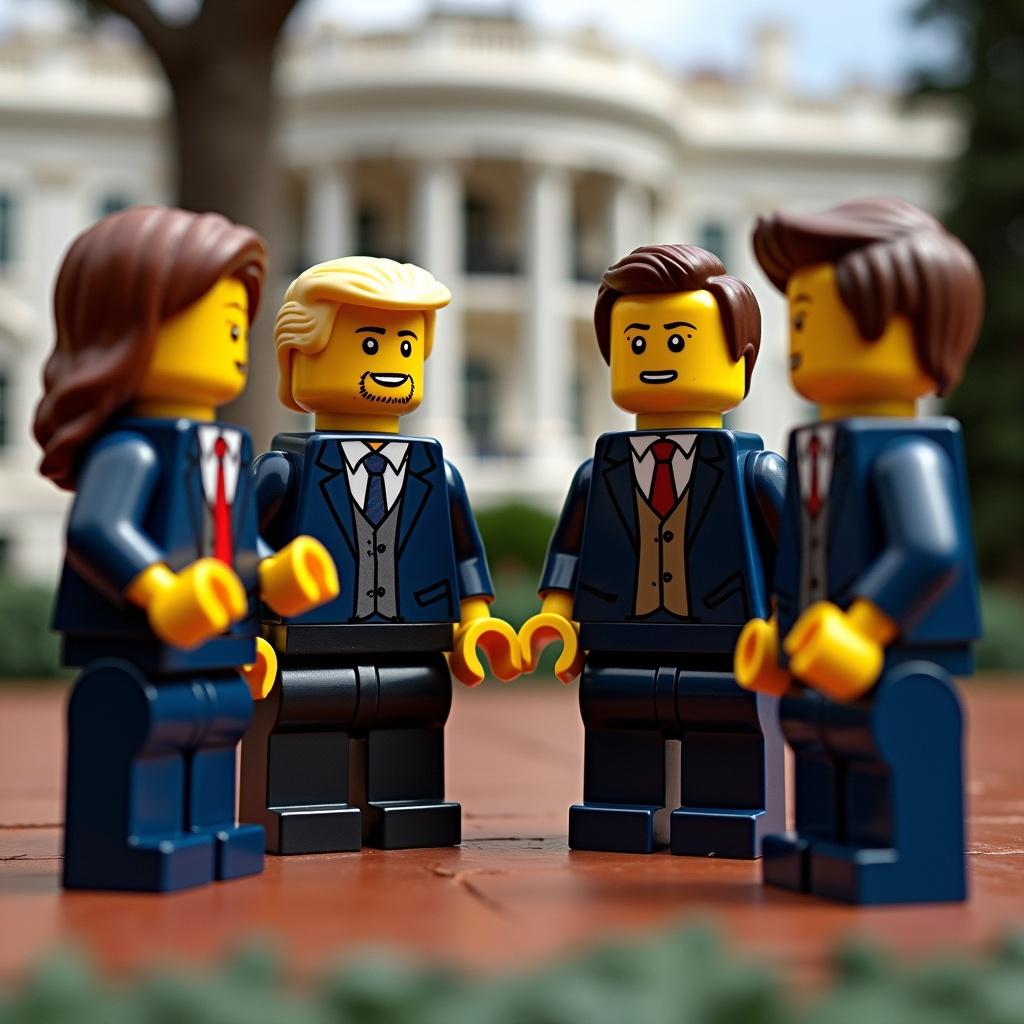 Lego figures representing Trump, Gabbard, Musk, and Hegseth in front of the White House. Group discussion scenario with a playful tone.