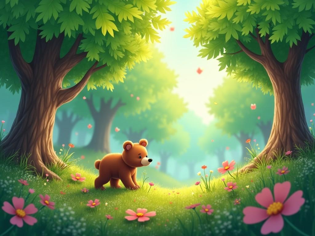 The image depicts a cute cartoon bear walking in a vibrant forest filled with colorful flowers. Soft sunlight illuminates the scene, creating a whimsical atmosphere. Tall trees frame the perspective, enhancing the feeling of a magical woodland. The ground is covered in pink flowers, making it a cheerful and inviting sight. Overall, it represents a joyful exploration in nature.