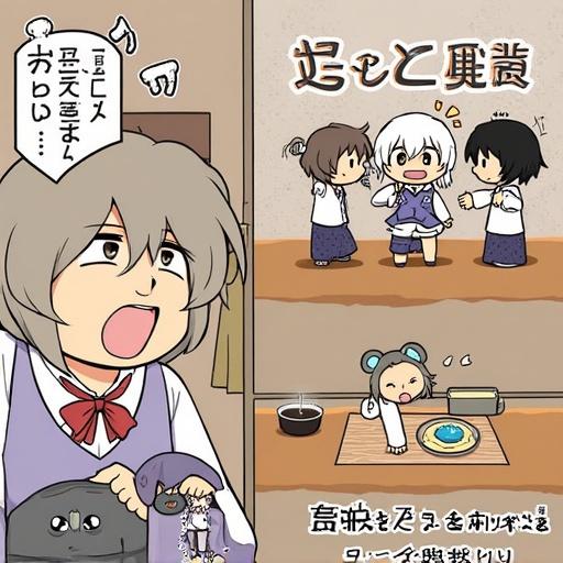 A manga-style illustration featuring characters in a humorous indoor setting. One character expresses joy while interacting with others. A child-like character reacts comically nearby. Light pastel colors dominate the scene.