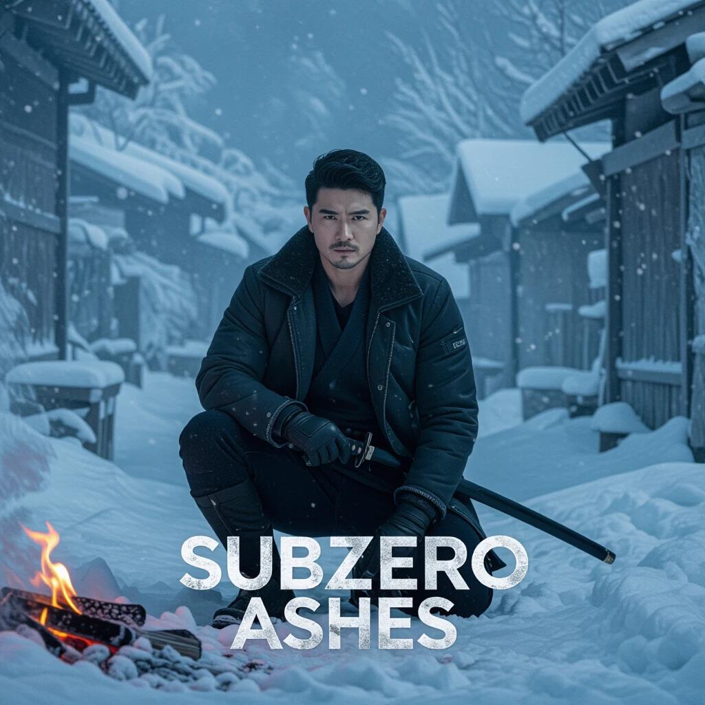 In a snowy village burned to embers. Henry Golding kneels with a katana. Surrounded by smoke and frost. Pale winter light glows through fog. The title crackles in frozen steel script. Clean high-res 6K Japanese cinema homage.