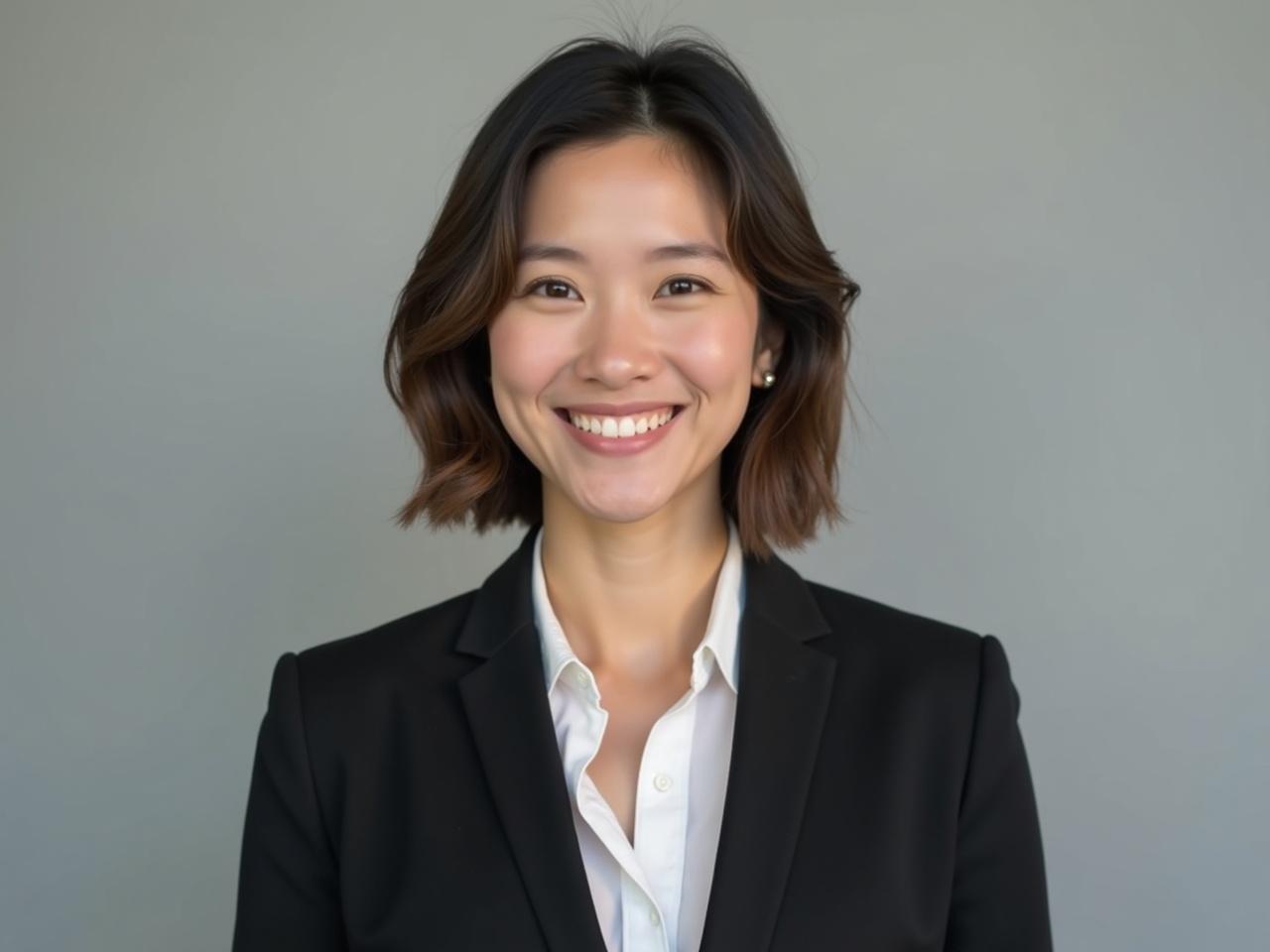 Create a waist-up professional photograph of a person wearing a suit with no tie. The individual has a neat hairstyle and a well-fitted blazer that complements their appearance. The background should be simple and neutral to emphasize the subject in the foreground. The lighting should be soft to give a polished and sophisticated look, highlighting the person's features. The expression should convey confidence and approachability, making it suitable for a professional setting.