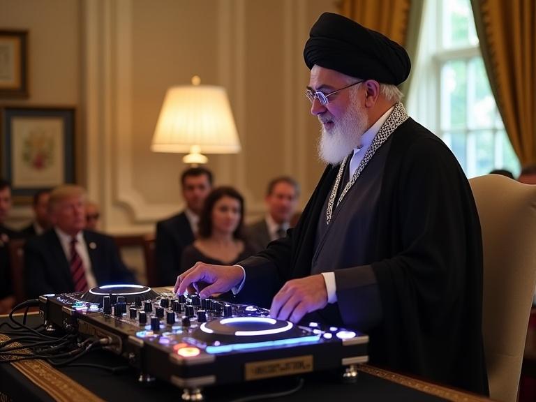Ayatollah Khameini DJ-ing with Pioneer CDJ 3000 inside the White House. Donald Trump and guests in the background. Indoor setting with warm lighting.