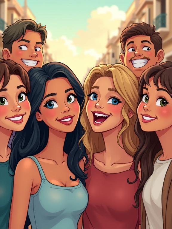 Six friends taking a selfie in a cartoon style. They are smiling and lively. Captured in a vibrant outdoor setting.
