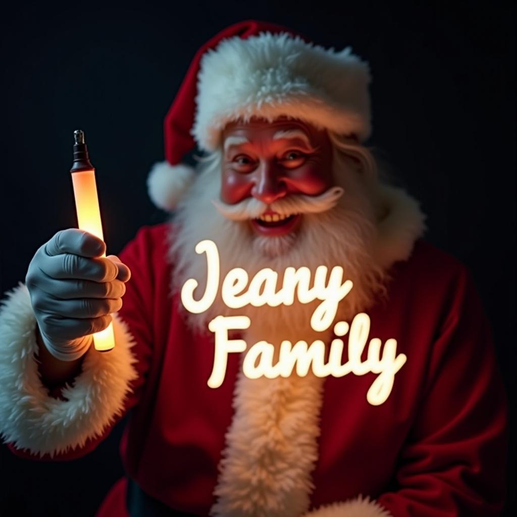 Santa Claus in traditional outfit. Holding a glow stick with the name 'Jeany Family' illuminated. Dark background highlights the text. Expression is jolly and cheerful. Celebrates Christmas magic and family joy.