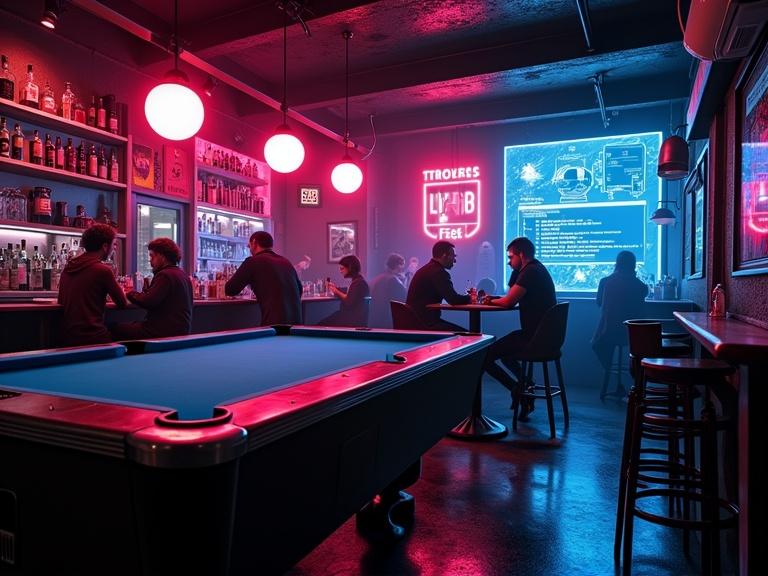 Photorealistic image of BARTOUZE bar. Dark venue with cyberpunk style. Hackers meet here. Tense atmosphere with pool table. Projector shows lines of code. Neon and laser lights fill the space.