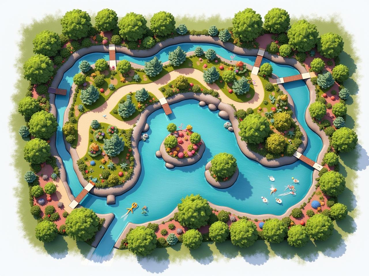 This is a colorful landscape design layout for a park. The plan features winding paths alongside flowing water bodies and lush greenery. There are various styles of bridges connecting different areas of the park. The layout includes vibrant flowers and unique plant shapes, offering a whimsical touch. Playful elements like a dragon design and a circular area are incorporated into the plan. The overall design emphasizes harmony with nature and promotes recreational activities.