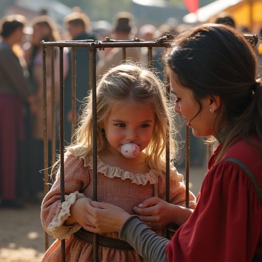 Mother playfully locks a daughter in a medieval cage at a historical festival. Daughter wears oversized pacifier. Background filled with people in costumes. Bright atmosphere enhances the scene.