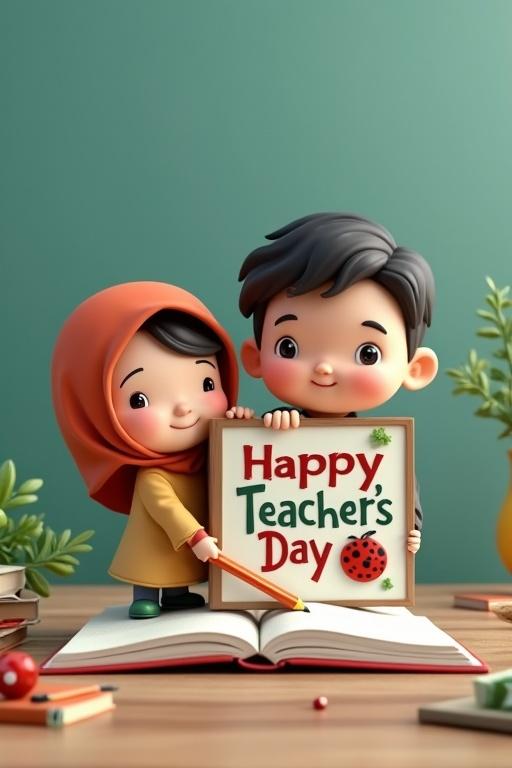 Realistic 3D illustration of a boy and girl holding a sign celebrating Teacher's Day. Boy is wearing casual clothing and girl is in a hijab. The background features a soft green theme. Nature elements like books and plants are visible around them.